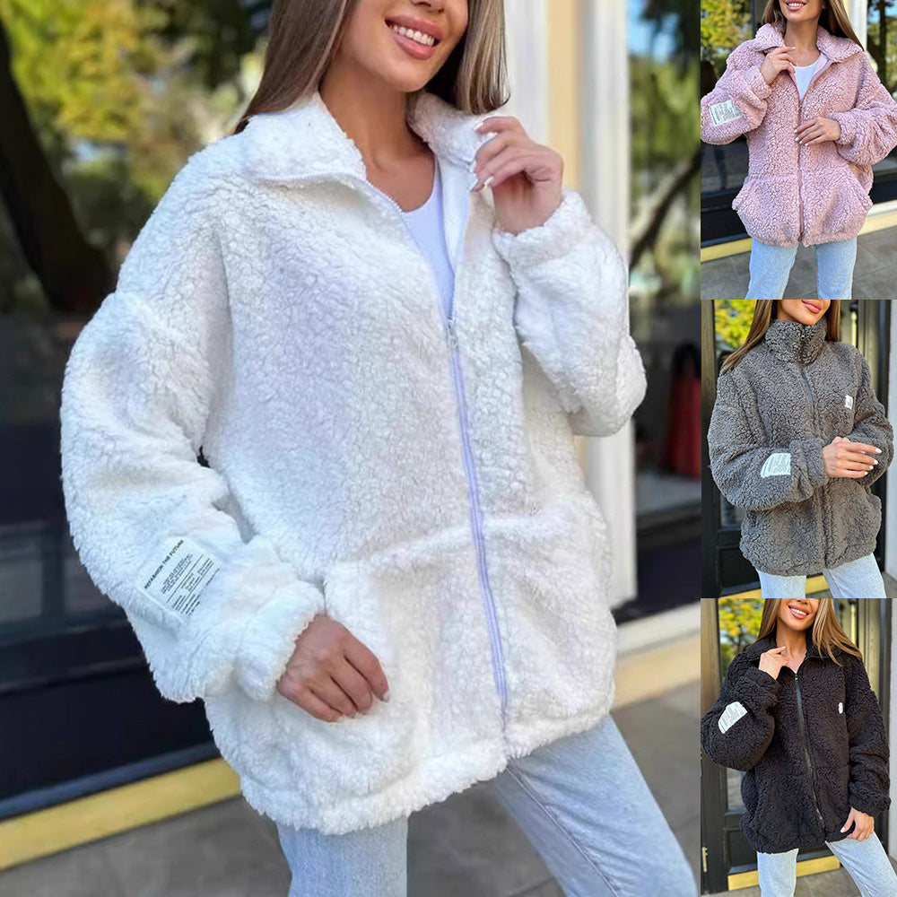 Lapel plush cardigan coat