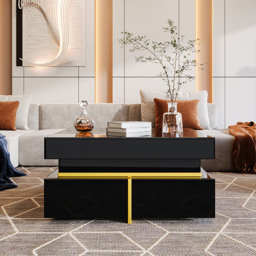 Coffee Table, High-Gloss Living Room Table, Side Table With Drawers And Gold Accents