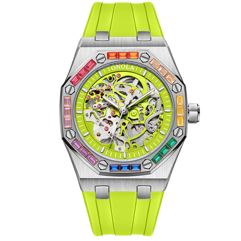 Men's Silicone Band Rainbow Diamond Automatic Mechanical Watch