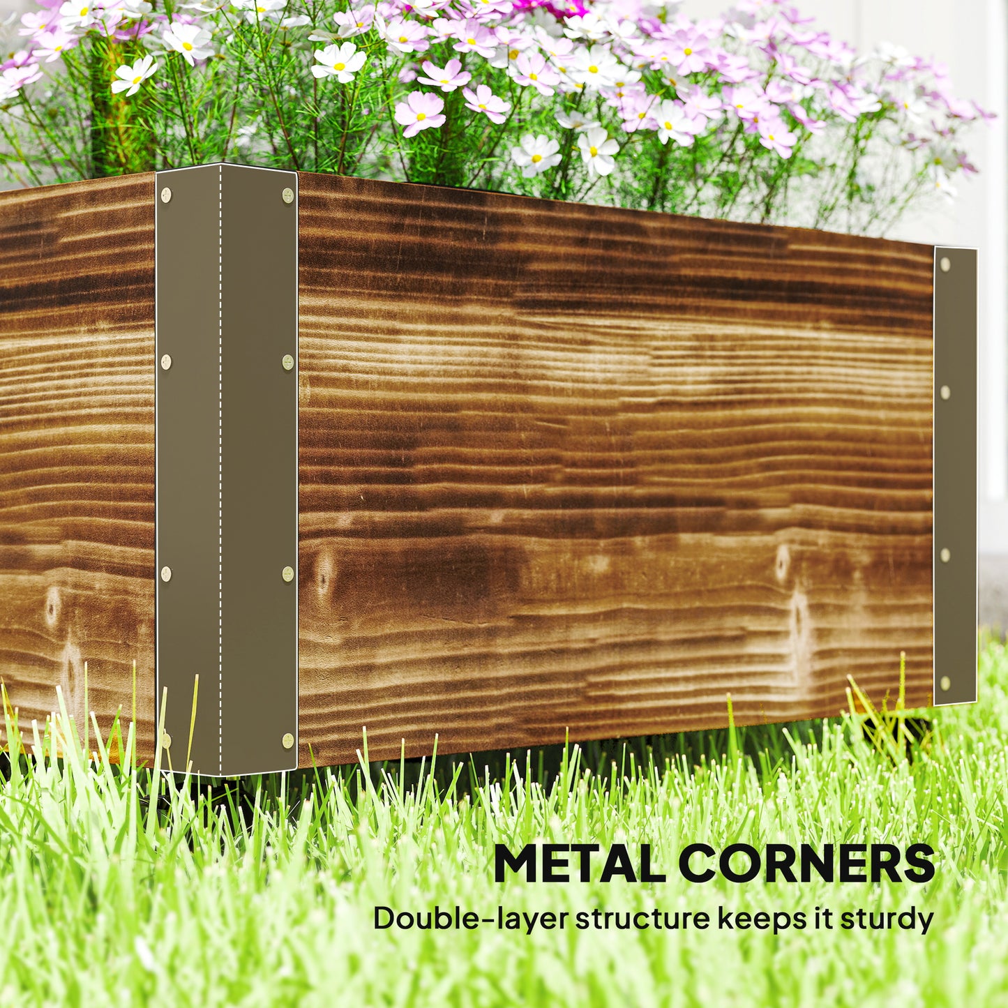 Wooden Raised Garden Bed, Planter Box w/ Trellis and Metal Corners, Portable on Wheels for Patio, Backyard, Deck, Brown