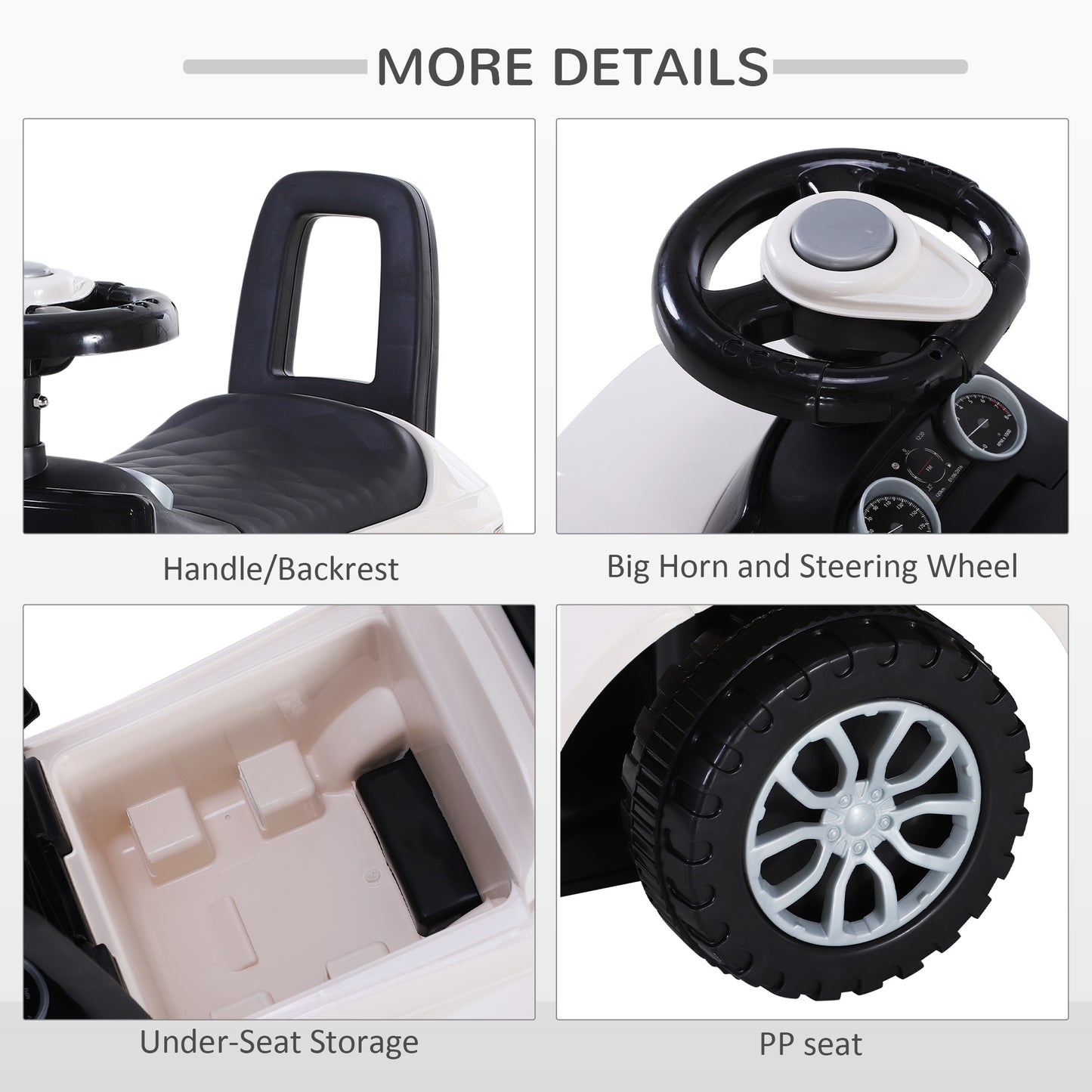 3-in-1 Ride On Car Foot To Floor Slider Toddler W/ Horn Steering Wheel NO POWER Manual Under Seat Storage Safe Design For 1-3 Year Old White