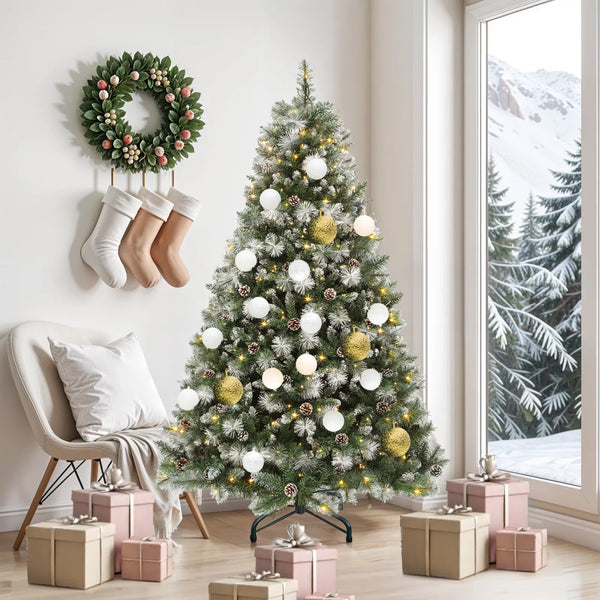 6ft Prelit Artificial Christmas Tree with 946 Branch Tips & 250 Lights, Pre-Decorated Scotch Pine Christmas Tree with Remote, 11 Light Modes, 56 Pine Cones, Green