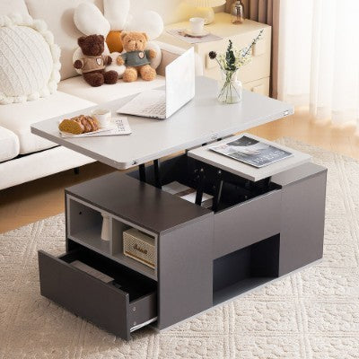 Grey Coffee Table With Storage, Lift Up Coffee Table For Living Room, Coffee Table With 2 Drawers Lift-Top Sofa End Tea Tables For Living Room Furniture