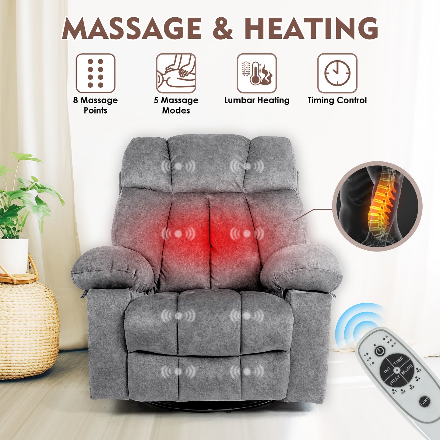 Massage Swivel Rocking Chair, Living Room Massage Chair With Vibration Massage And Heating, Ergonomic Recliner, USB Charging Port