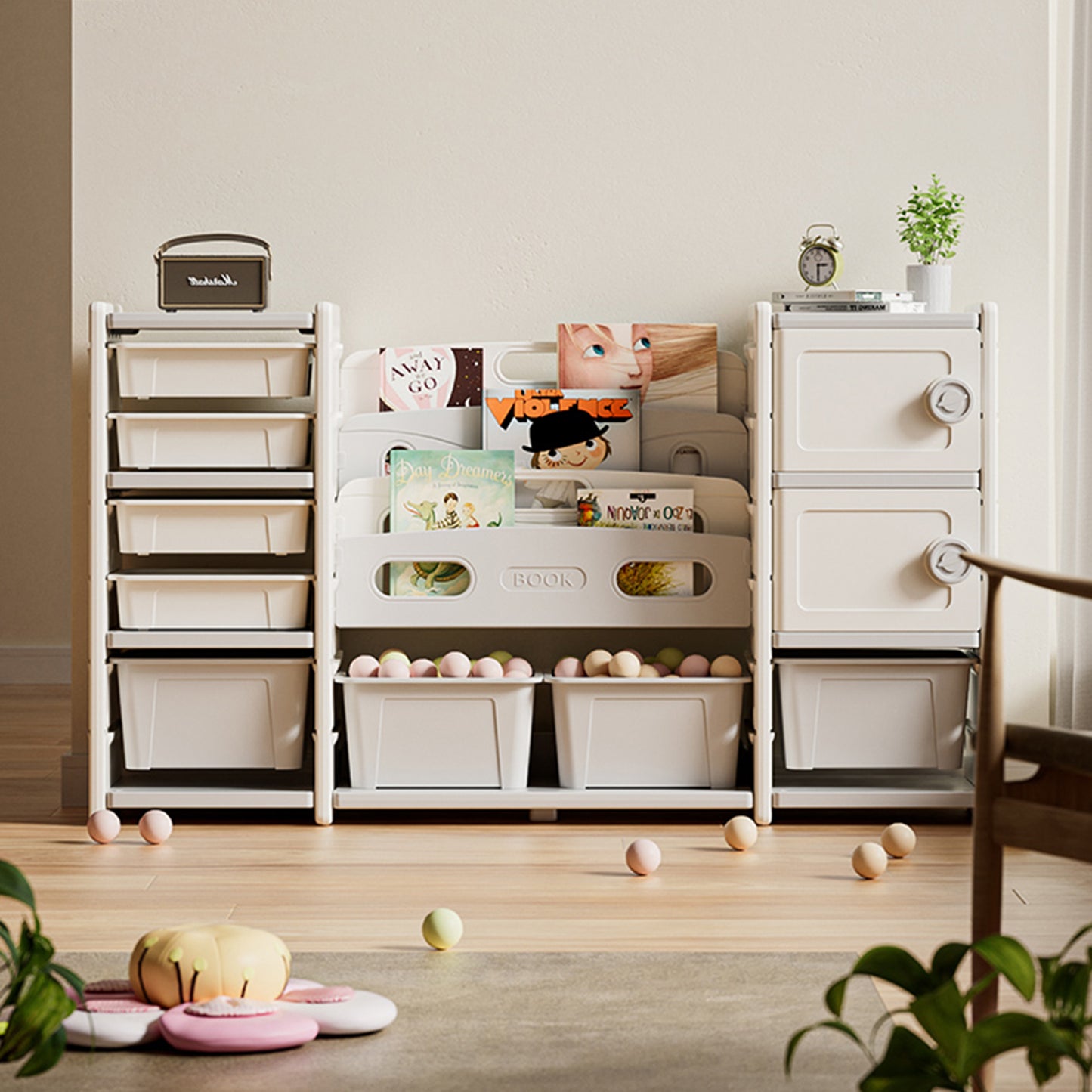 Kids Toy Storage Organizer 8 Storage Cabinet Removable Toy Bins, 4-Tier Book Organizers Storage And 2 Cabinet Storage, Kids Bookshelf And Toy Storage For Playroom, Bedroom, Kids Room