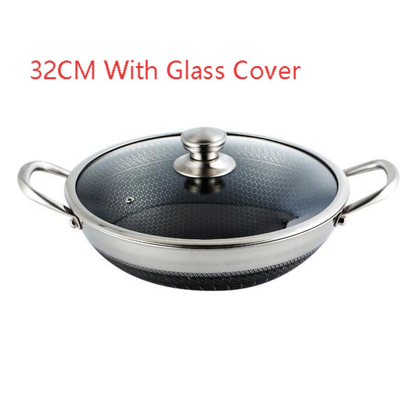 304 Stainless Steel Pot With Two Handles Honeycomb Uncoated Flat Bottom Wok