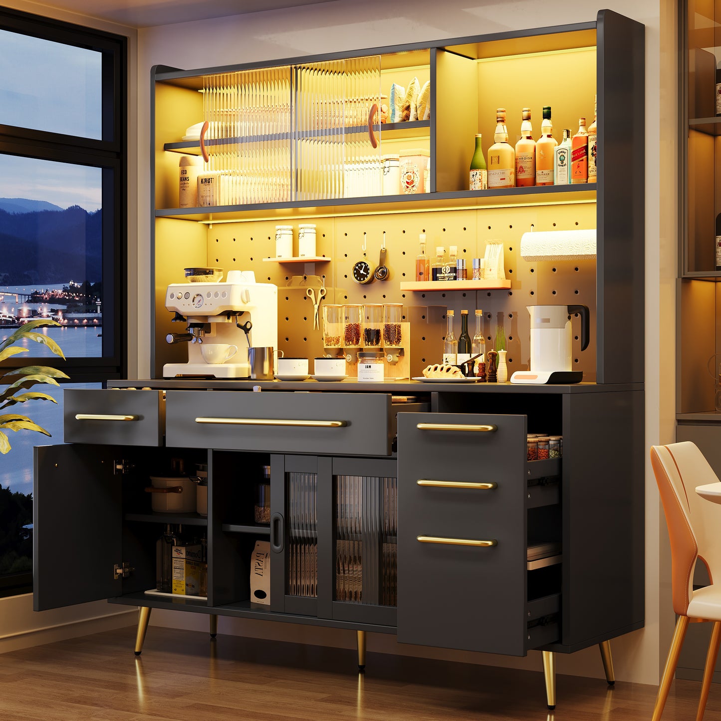 Modernes Sideboard Mit LED-Beleuchtung ,Hochschrank Fur Kuche & Wohnzimmer, Aufbewahrungsschrank Mit Lochwand, Schublade & Glasboden, Black