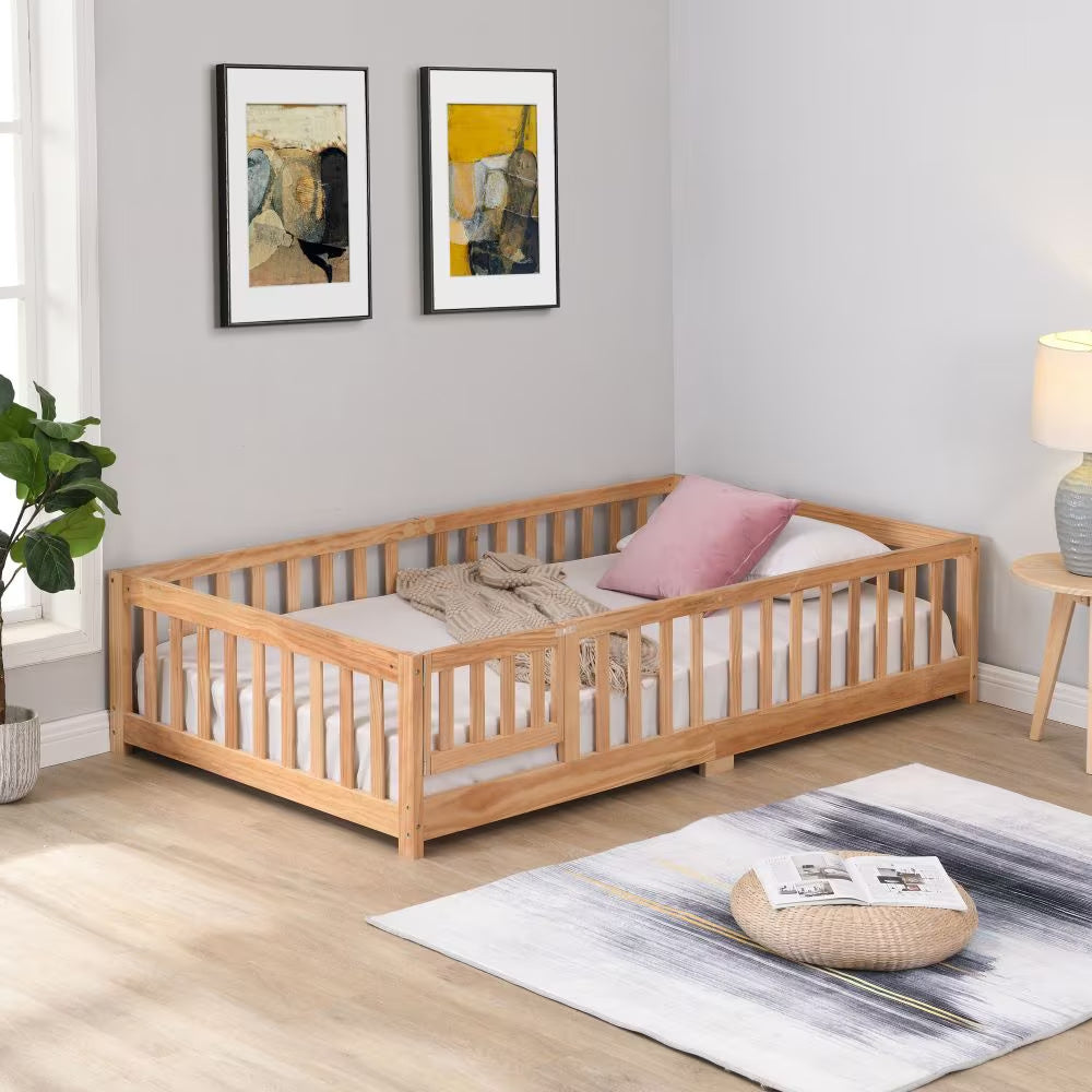 Twin Size Floor Bed With Door,Solid Wood Platform Bed Frame With Fence,Suitable For Children,Pine Wood,