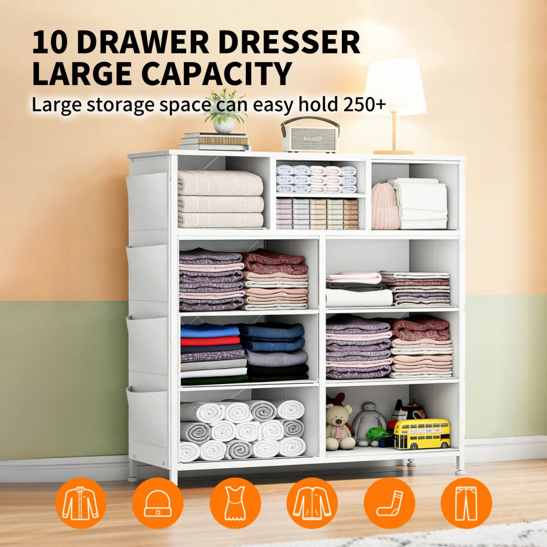 10-Drawer Dresser With Side Pocket & Hooks, Storage Cabinet With Wood Top For Bedroom Closet Organization