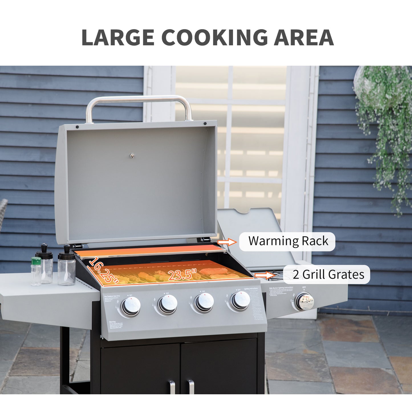 52" Barbecue Grill with Wheels 4+1 Burner Liquid Propane Gas Grill Outdoor Cabinet Style BBQ Trolley w/ Side Burner, Warming Rack, Storage Cabinet
