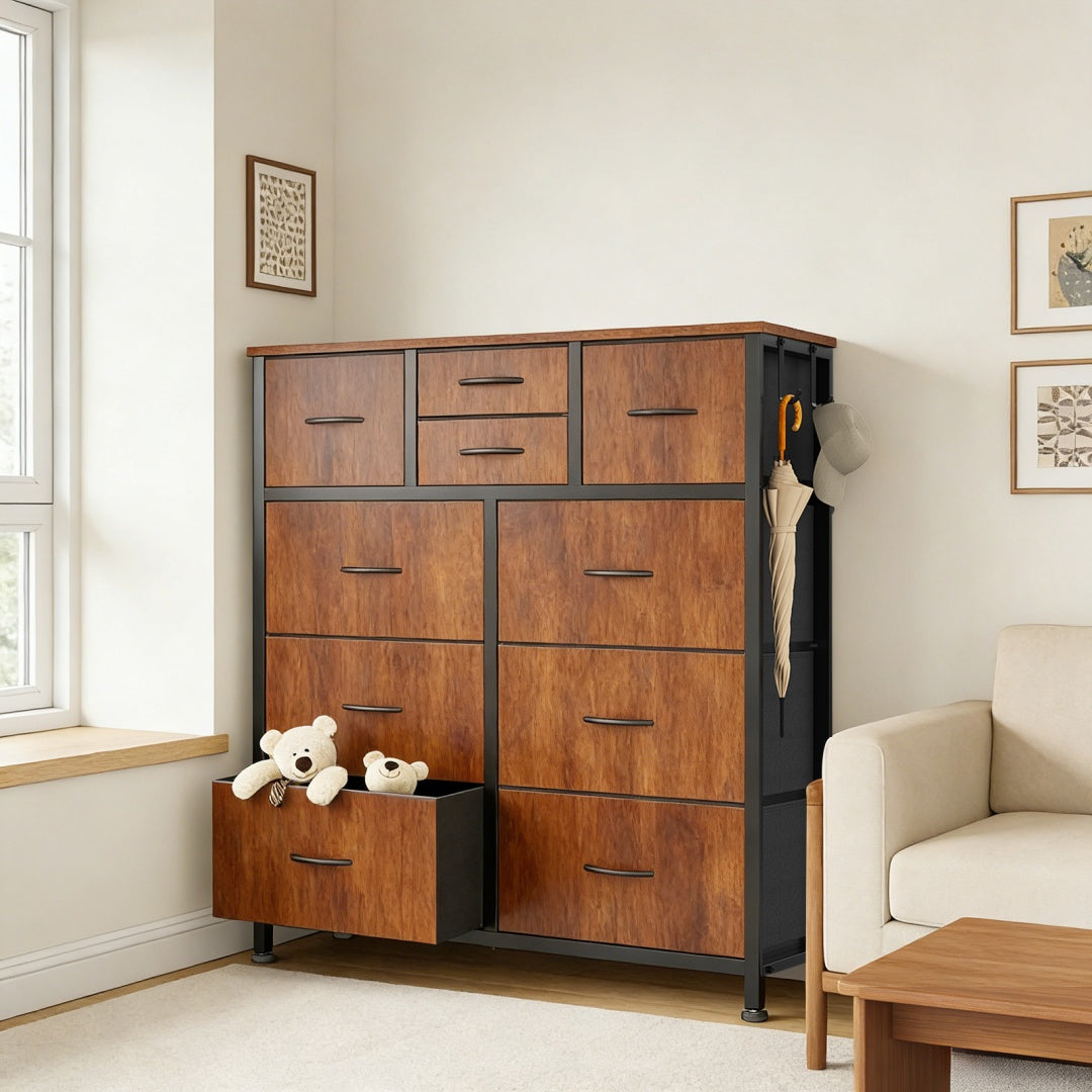 10-Drawer Dresser With Side Pocket & Hooks, Storage Cabinet With Wood Top For Bedroom Closet Organization