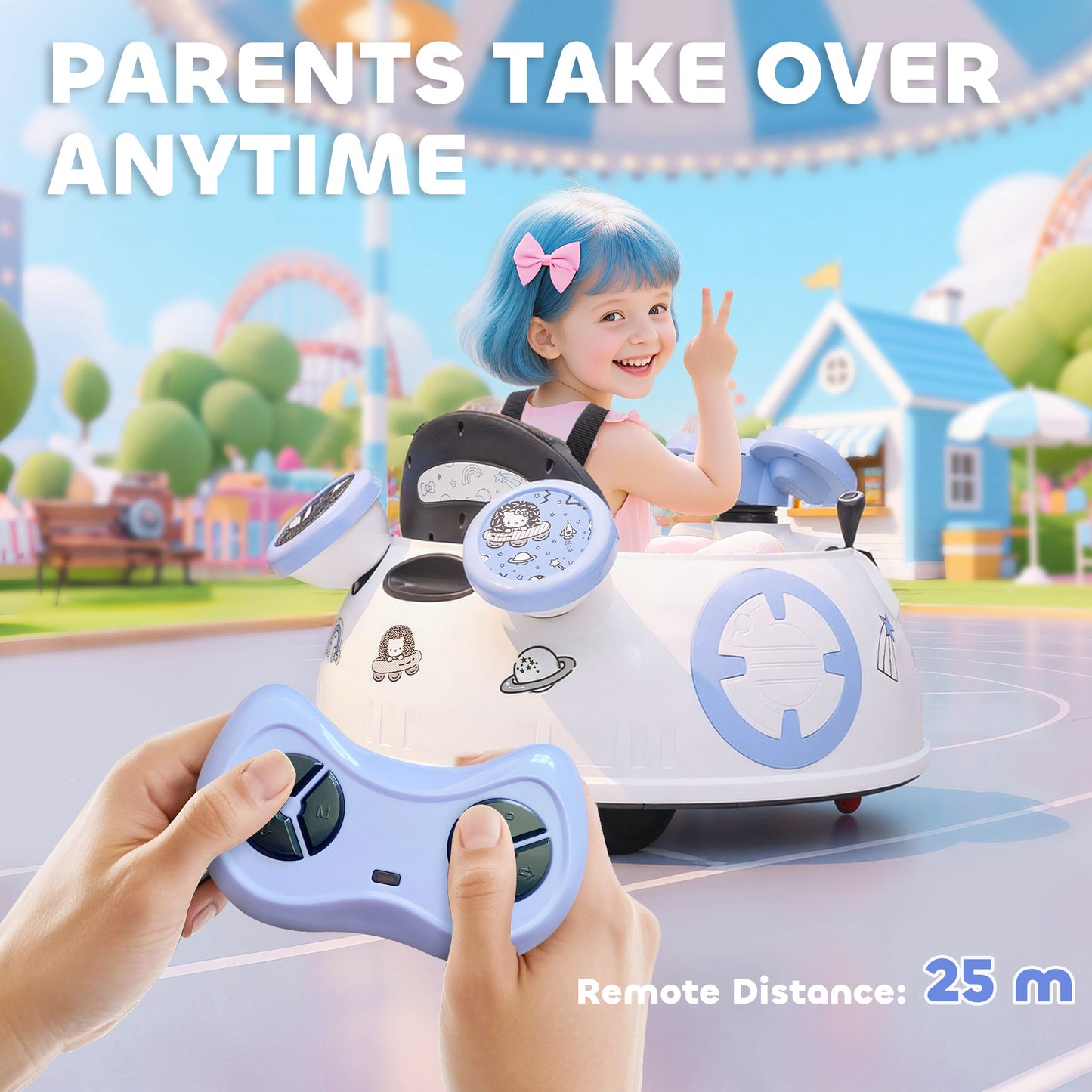 Hello Kitty Kids Ride On Bumper Car With Remote Control, Two Joysticks, Music, Lights, Safety Belt, White