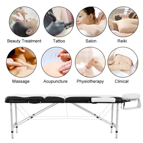 Massage Table Couch Bed Aluminium Tattoo Spa Reiki Portable Folded 3 Section With Premium PU Leather And 5 Cm High Density Multi-Layer Foam Headrest Arm Support And Carrying Bag