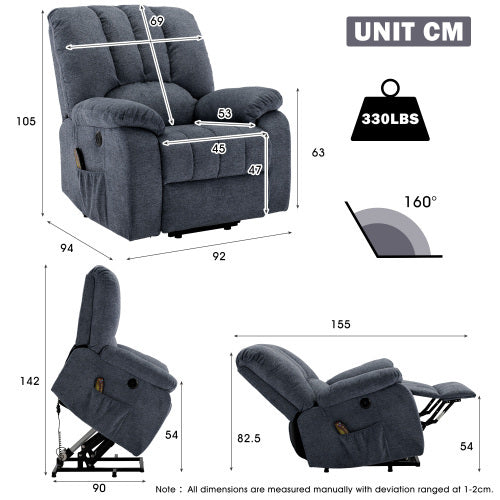 Electric Power Lift Recliner Chair Sofa With Massage And Heat For Elderly 2 Side Pockets USB Ports Single Recliner Chairs For Living Room Overstuffed Fabric Reclining