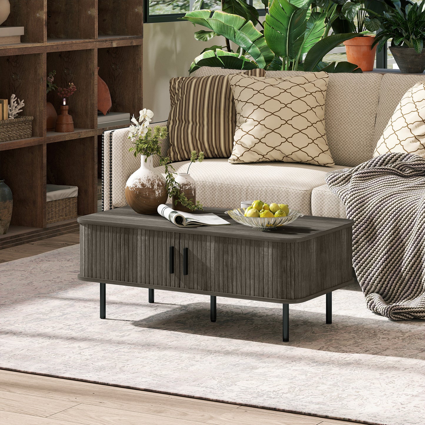 Coffee Table With Storage, Living Room Table With Slatted Tambour Sliding Doors And Foot Pads, Rectangular Coffee Table With Elevated Base For Living Room, Grey Wood-Effect
