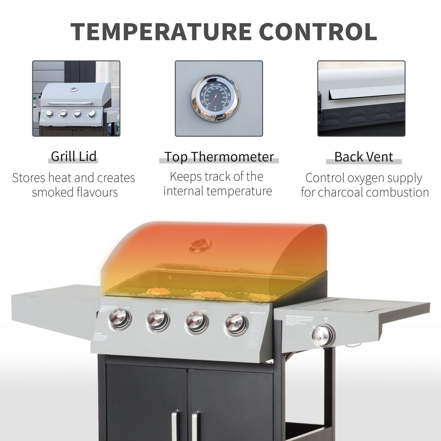 52" Barbecue Grill with Wheels 4+1 Burner Liquid Propane Gas Grill Outdoor Cabinet Style BBQ Trolley w/ Side Burner, Warming Rack, Storage Cabinet