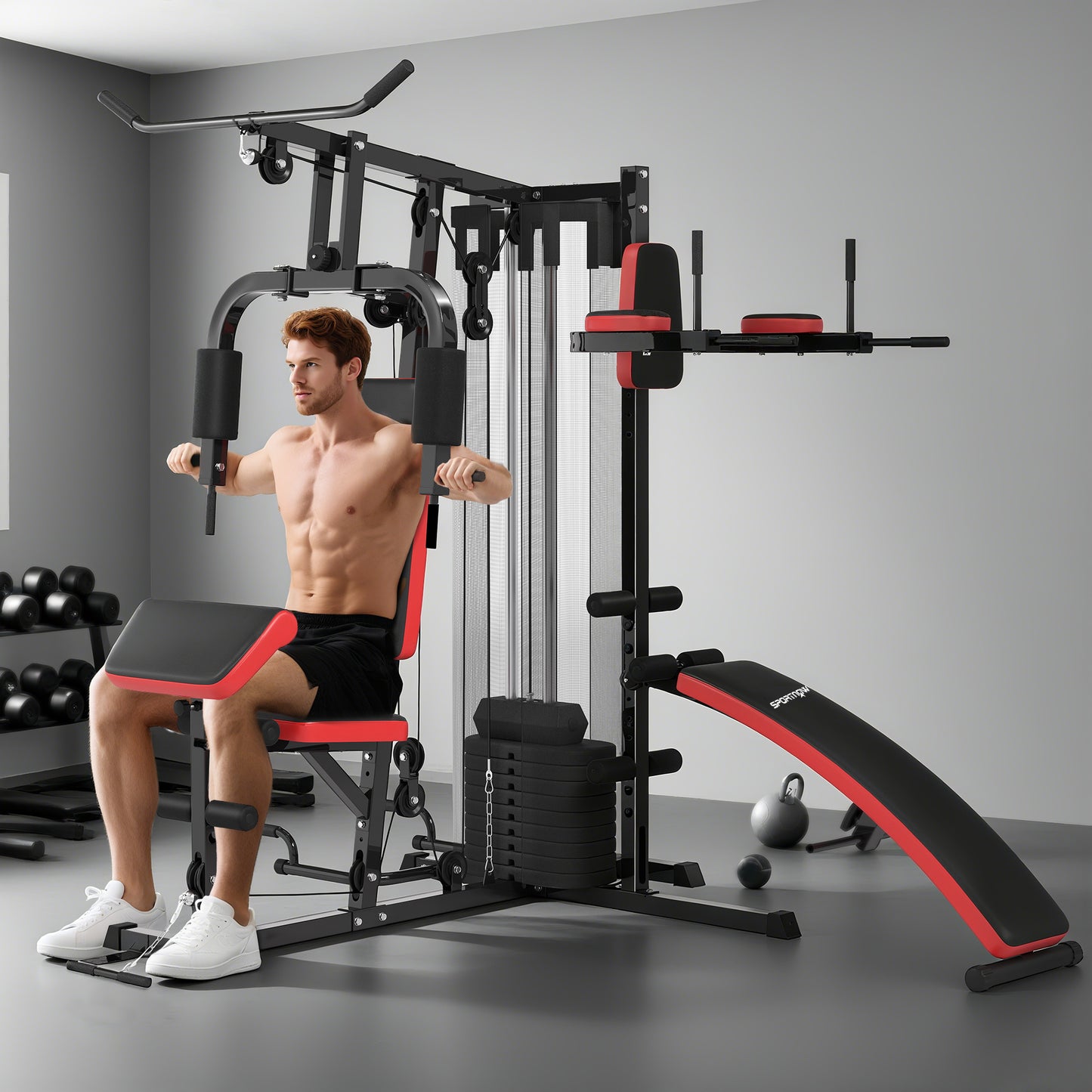 SPORTNOW Multi Gym Workout Station, Weight Machine With 65kg Weight Stack, Sit Up Bench, Push Up Stand, Dip Station