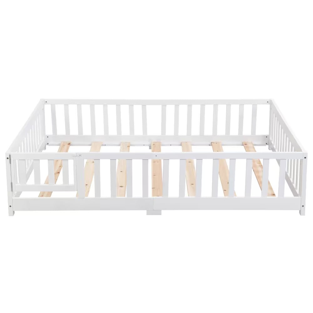 Twin Size Floor Bed With Door,Solid Wood Platform Bed Frame With Fence,Suitable For Children,Pine Wood,