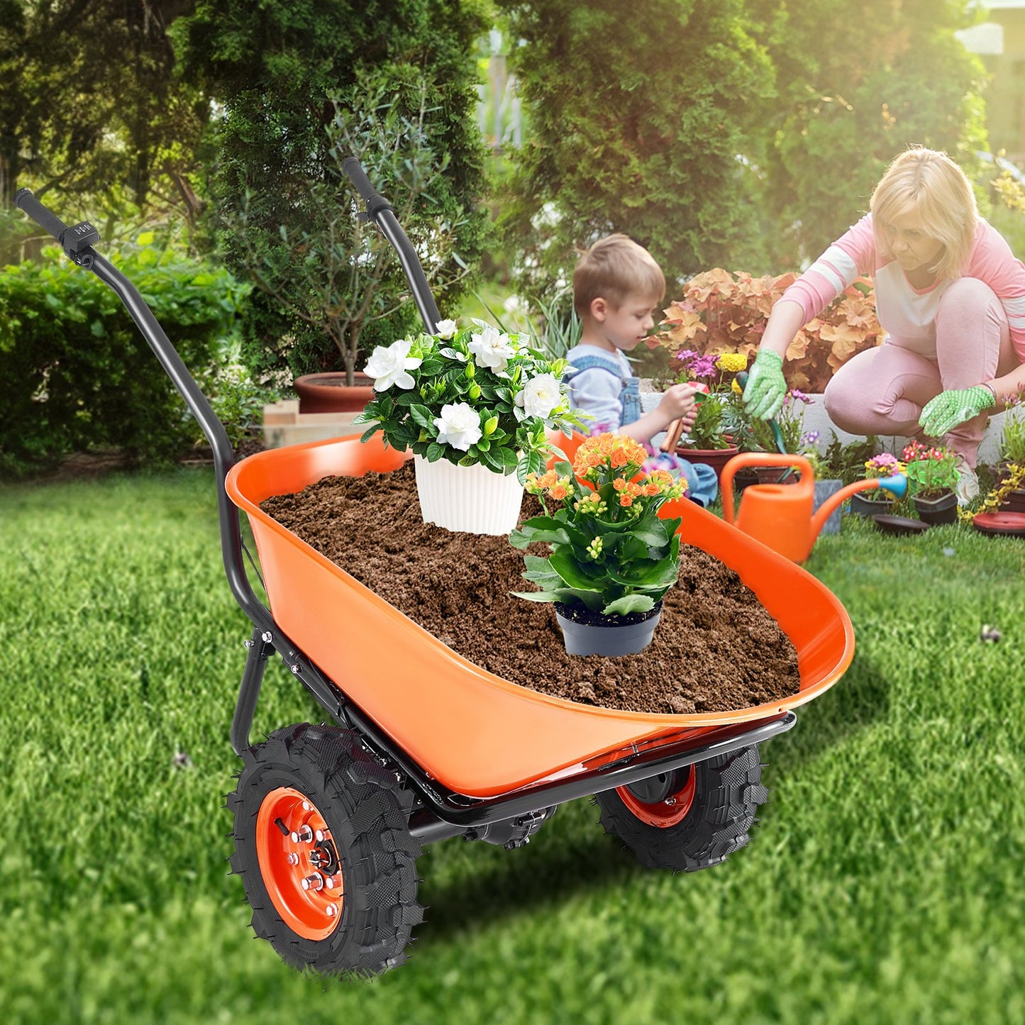 Electric Wheelbarrow Cart, 500W Powered Utility Garden Wagon Dump Cart, 4.5 Cu. Ft. Load & 573 Lbs Capacity With Metal Handle & 16' Track Wheels, Two Wheel Barrow Yard Cart & Wagons For Lawn