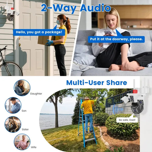 1080P HD 4-Lens Security Camera 360° View WiFi Pan & Tilt Surveillance Camera With Full Color Night Vision Auto Motion Tracking 2-Way Audio Spotlights IP66 Waterproof Max 128G Not Included