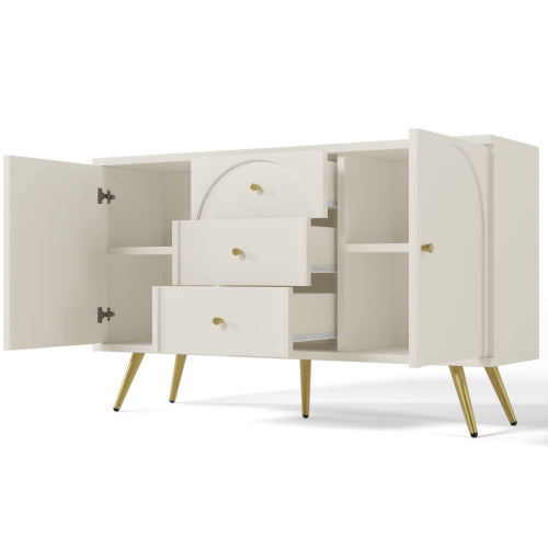 Sideboard Cabinet For Living Room, Chest Of Drawers With 2 Doors And 3 Drawers, Adjustable Shelf, Cream White, 40D X 140W X 84H CM
