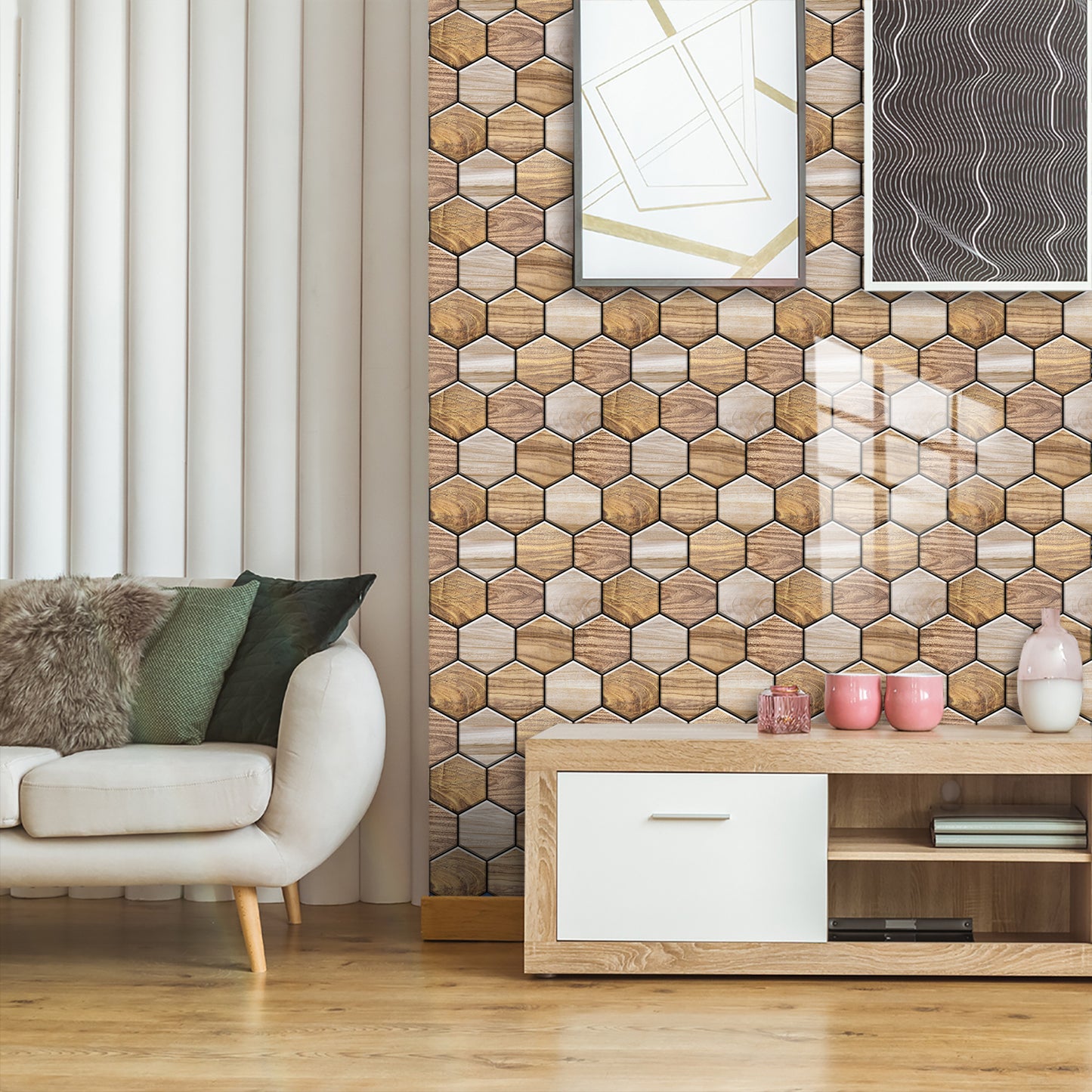 Hexagonal Peel Back Tiles, Kitchen And Bathroom Stickers, Wood Grain PVC Waterproof And Oil Proof Easy To Install Self-adhesive Wall Stickers Smooth And Easy To Clean