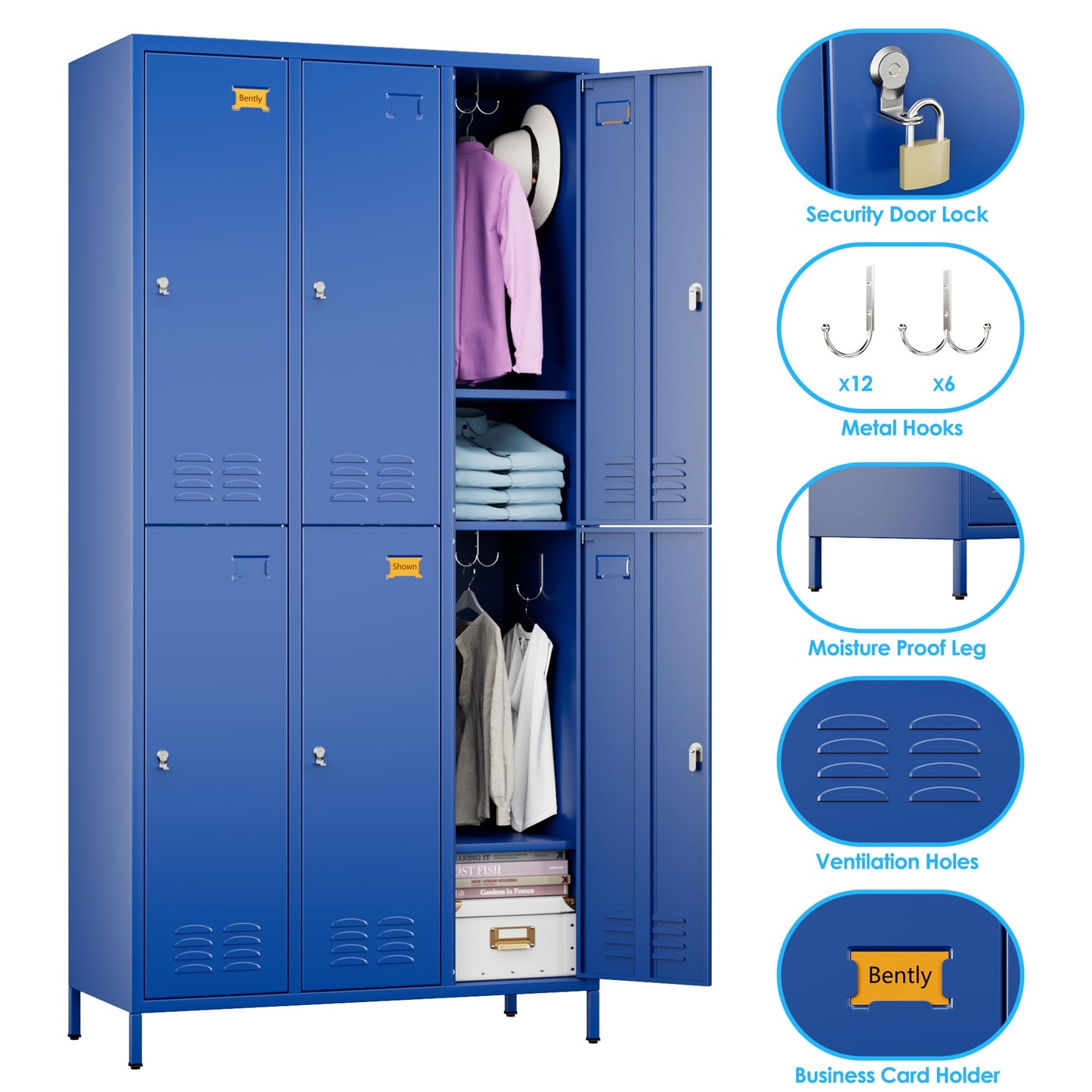 6 Doors Metal Locker For Employees With 18 Hooks And Business Card Holder,Metal Locker With Ventilation Holes For School Garage Office Gym Home,Assembly Required,Blue