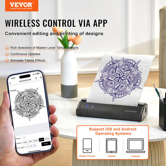 VEVOR Tattoo Stencil Printer, Wireless Bluetooth Tattoo Printer Transfer Stencil Machine With 10Pcs Transfer Paper, Compatible For IOS Android Phone, IPad PC