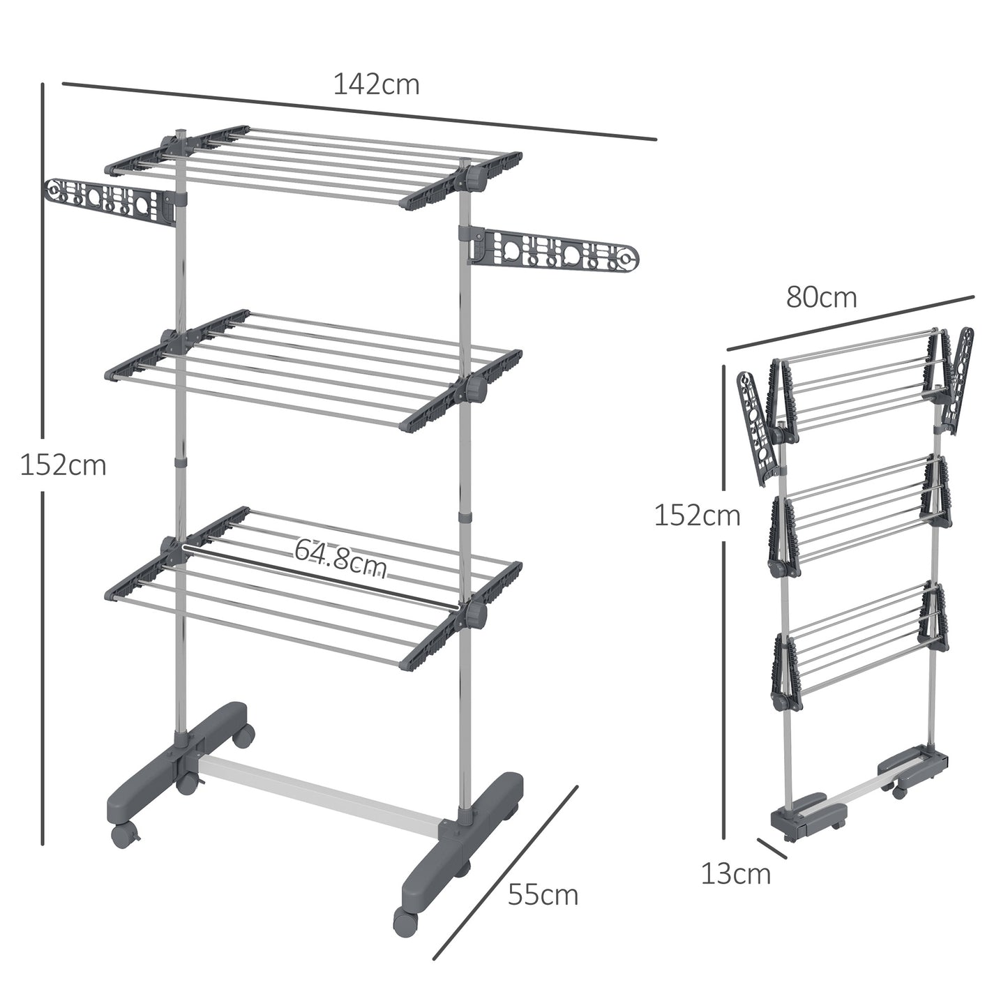 Three-Shelf Collapsing Clothes Horse, With Side Arms And Wheels - Grey