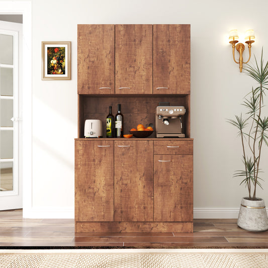 70.87 Tall Wardrobe Kitchen Cabinet, With 6-Doors, 1-Open Shelves And 1-Drawer For Bedroom,Walnut