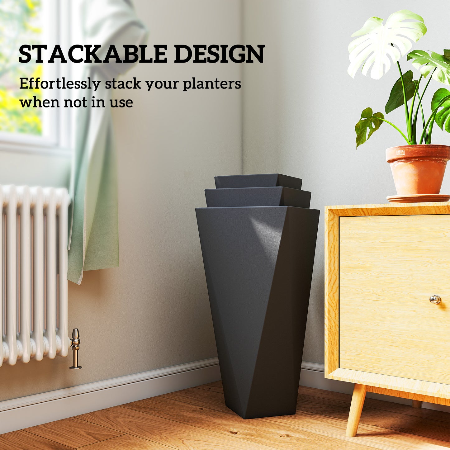 Indoor Outdoor Planters Set of 3 MgO Tall Planters Stackable Flower Pots with Drainage Holes for Garden, Balcony, Black