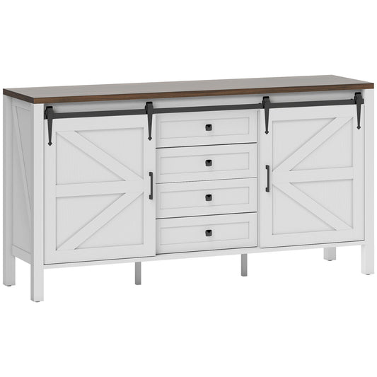 59 Buffet Cabinet, Farmhouse Sideboard With Thick Top, 2 Barn Doors, 4 Drawers And 2 Adjustable Shelves, White