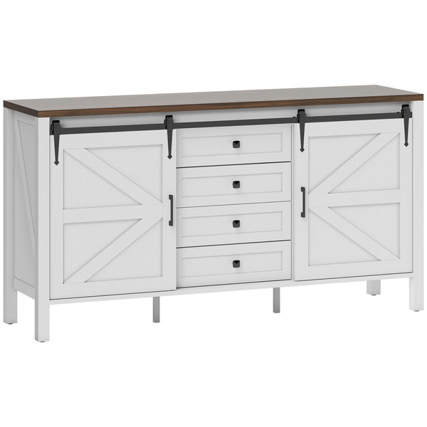 59 Buffet Cabinet, Farmhouse Sideboard With Thick Top, 2 Barn Doors, 4 Drawers And 2 Adjustable Shelves, White
