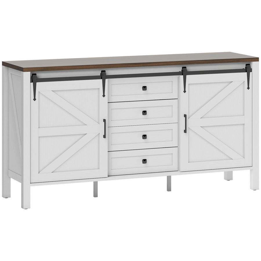 59 Buffet Cabinet, Farmhouse Sideboard With Thick Top, 2 Barn Doors, 4 Drawers And 2 Adjustable Shelves, White