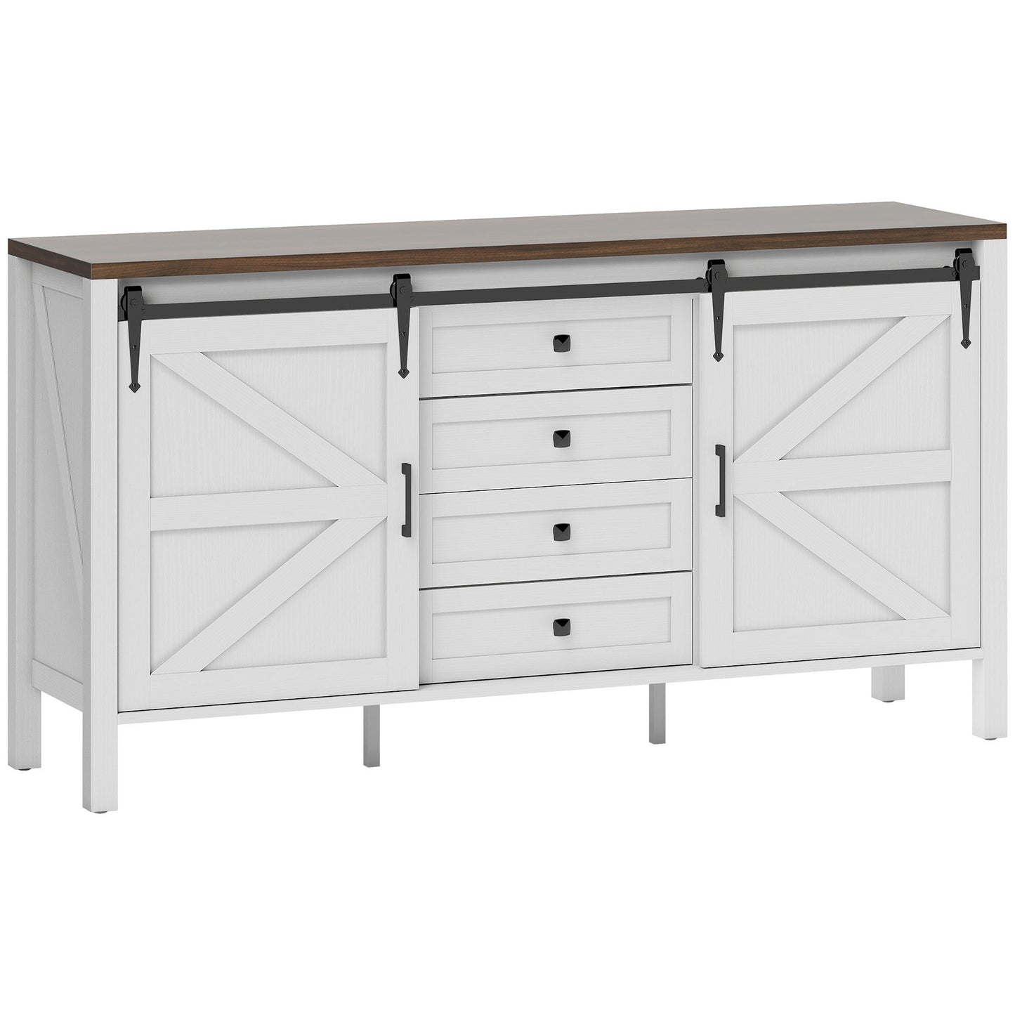 59 Buffet Cabinet, Farmhouse Sideboard With Thick Top, 2 Barn Doors, 4 Drawers And 2 Adjustable Shelves, White