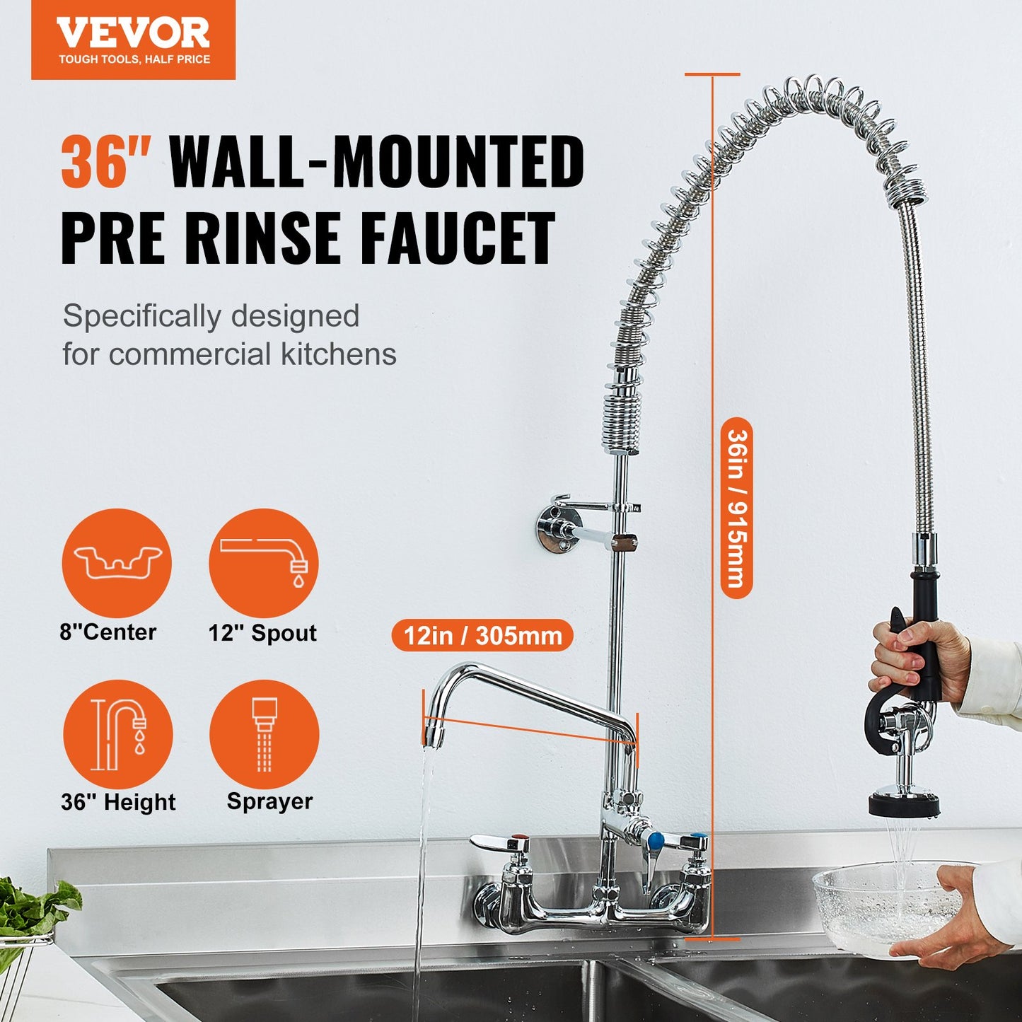 Kommerzieller Wasserhahn Mit Vorspülbrause, 915  Höhe, 30,5 Cm Schwenkauslauf, Küchenspülenarmatur Zur Wandmontage, Gerät Aus Messing Mit Ausziehbarer Brause, Für 1/2/3-Fach-Spüle