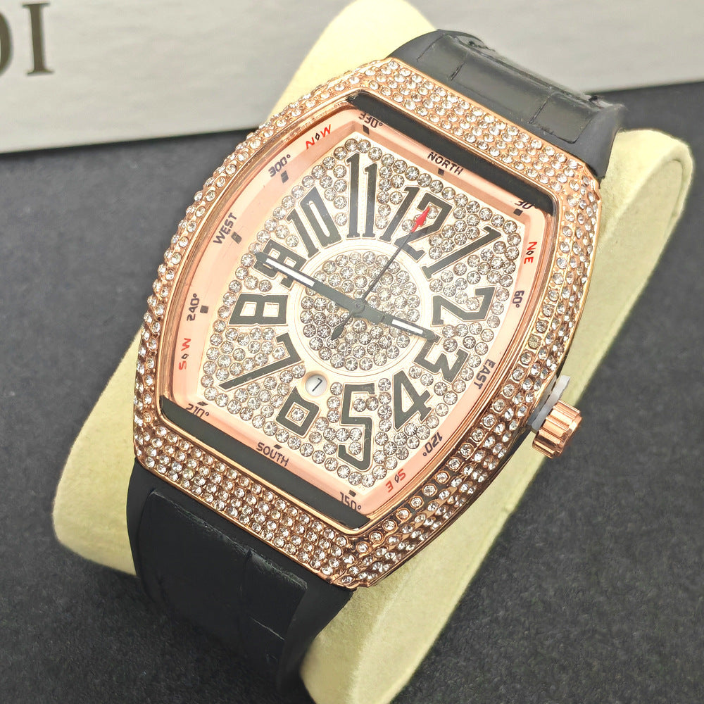 Barrel-shaped Minimalist Wristwatch Leather Strap Diamond Accents Quartz Watch