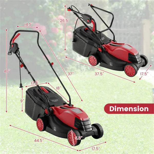 12 Ampere 13.5 Inch Electric Rope Lawn Mower With Dual Safety Switches -Red