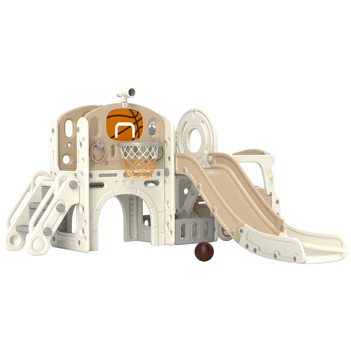 9 in 1 Toddler Slide for Kids Ages 1-6 with Bus Front, Basketball Hoop, Climber, Storage Space, Ring Toss, Cream White