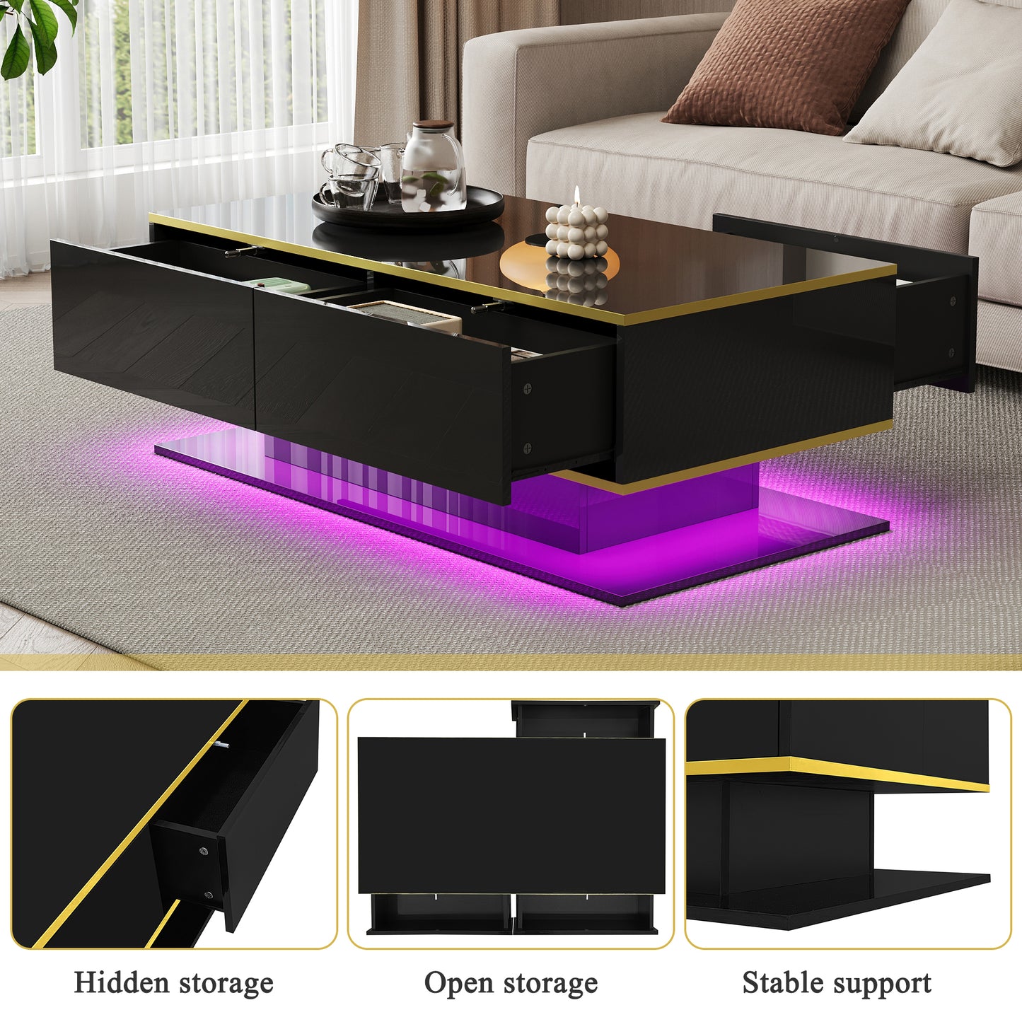 Modern LED Coffee Table With High-Gloss Finish, 100 Cm Length, Gold Accents, 3 Drawers & USB LED Light Strip Adapter-Power Bank Required