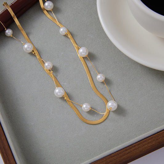 Elegant 18K Gold Stainless Steel Glass Pearl Necklace