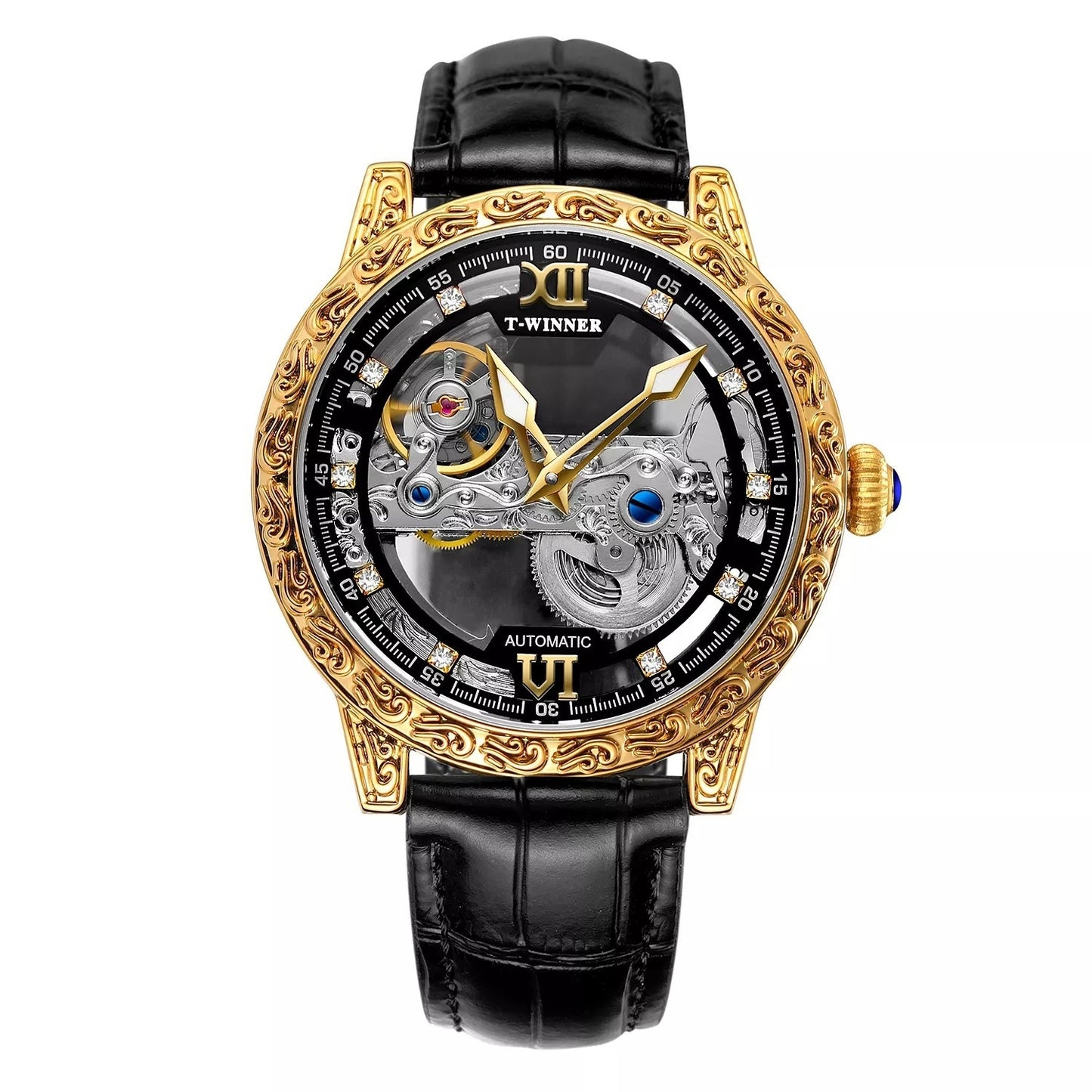 Mens Fashionable Vintage Carved Semi-Automatic Mechanical Watch