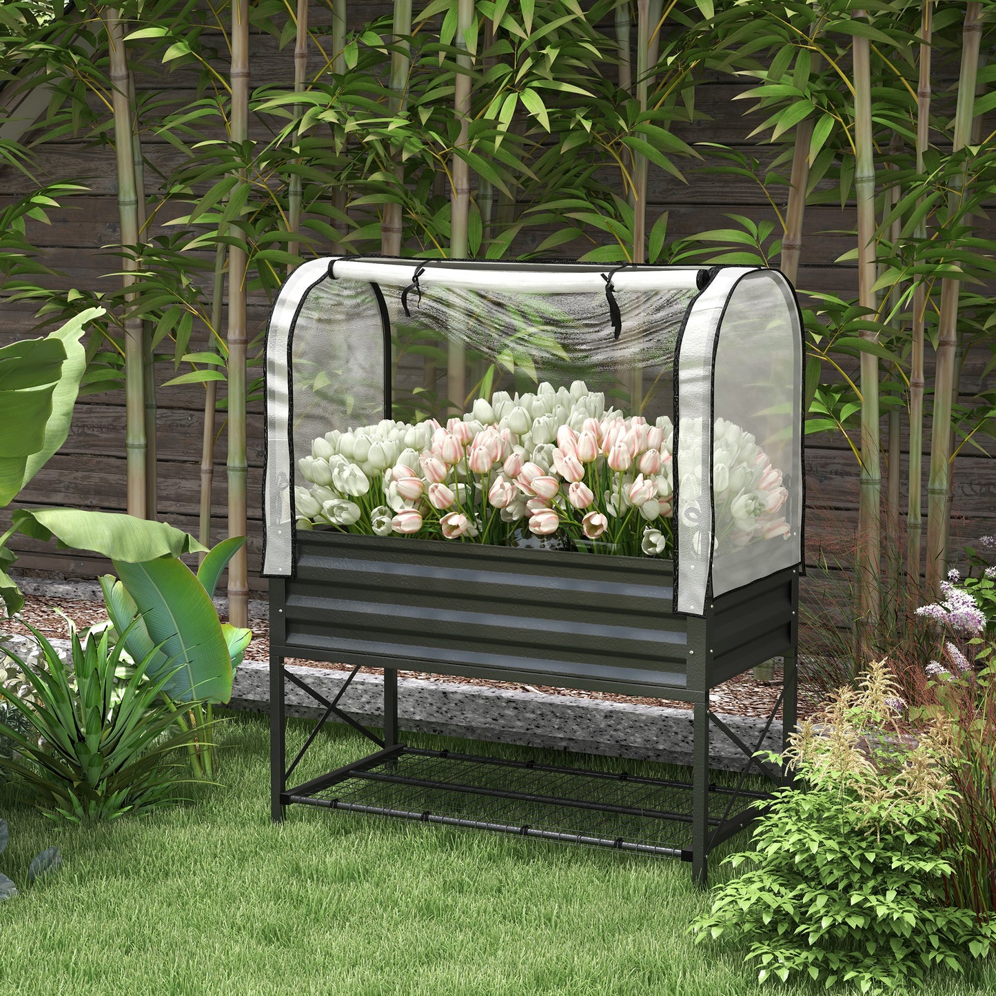 Raised Garden Bed with Legs and Cover, Metal Elevated Planter Box with Bottom Shelf and Liner for Vegetables, Black
