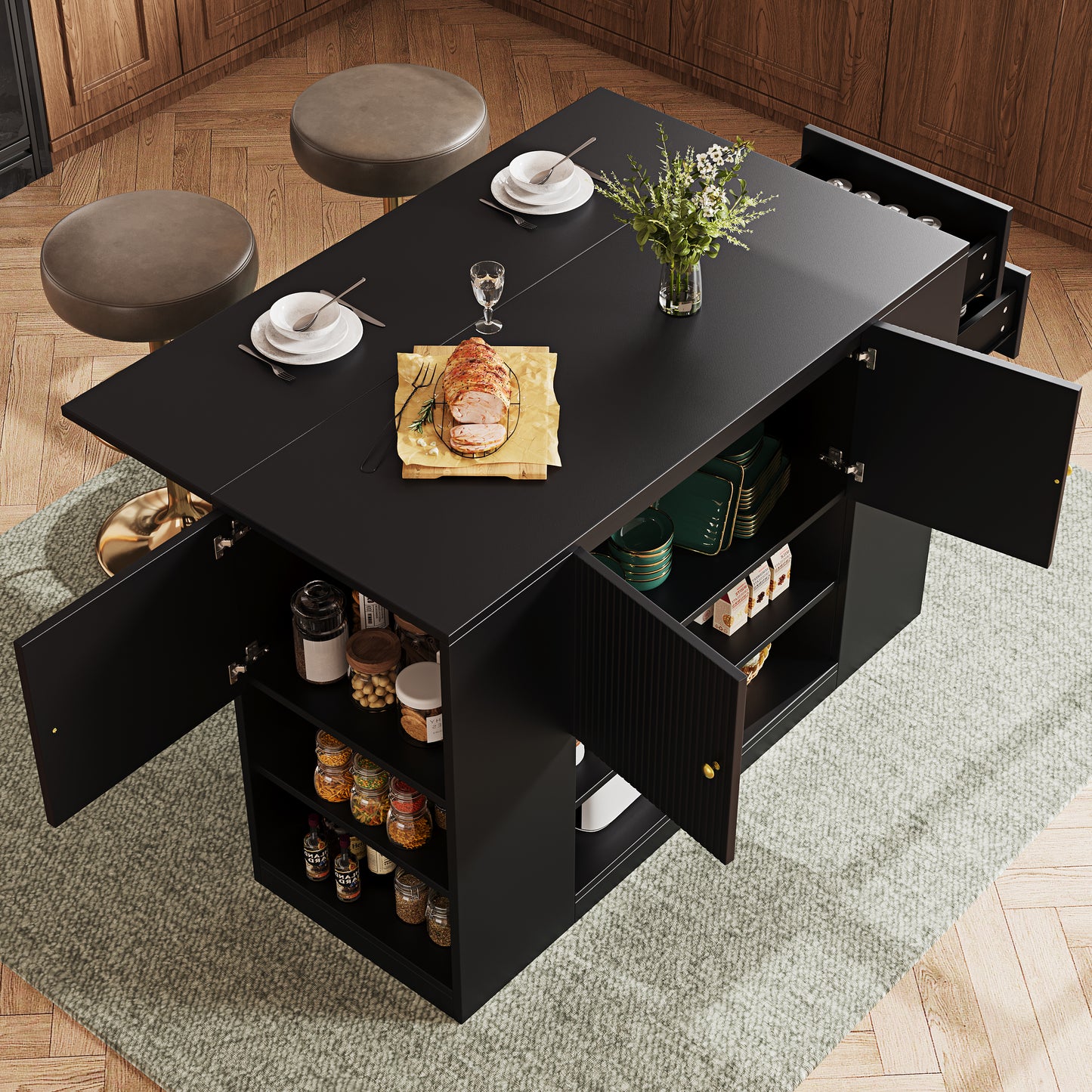 Modern Kitchen Island, Sideboard, Kitchen Cabinet With Drawers And Shelves, Sideboard For Kitchen & Dining Room, Black