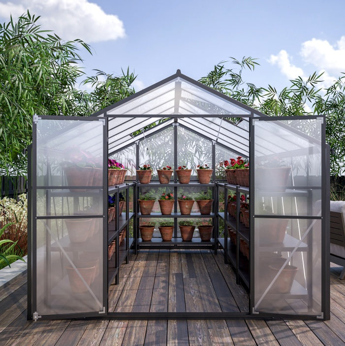 8' X 12' Outdoor Greenhouse, Heavy Duty Polycarbonate Greenhouse, Large Walk-in Greenhouse With Double Doors And Two Ventilation Windows, Aluminum Greenhouse For Outdoor Greenhouse Garden Backyard