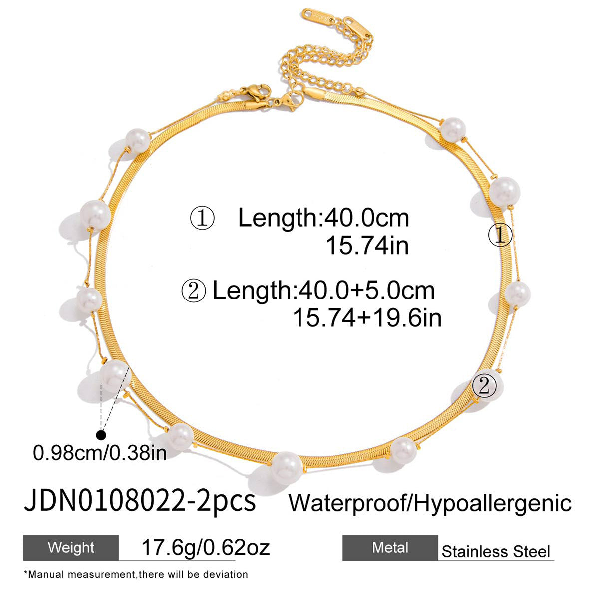 Elegant 18K Gold Stainless Steel Glass Pearl Necklace