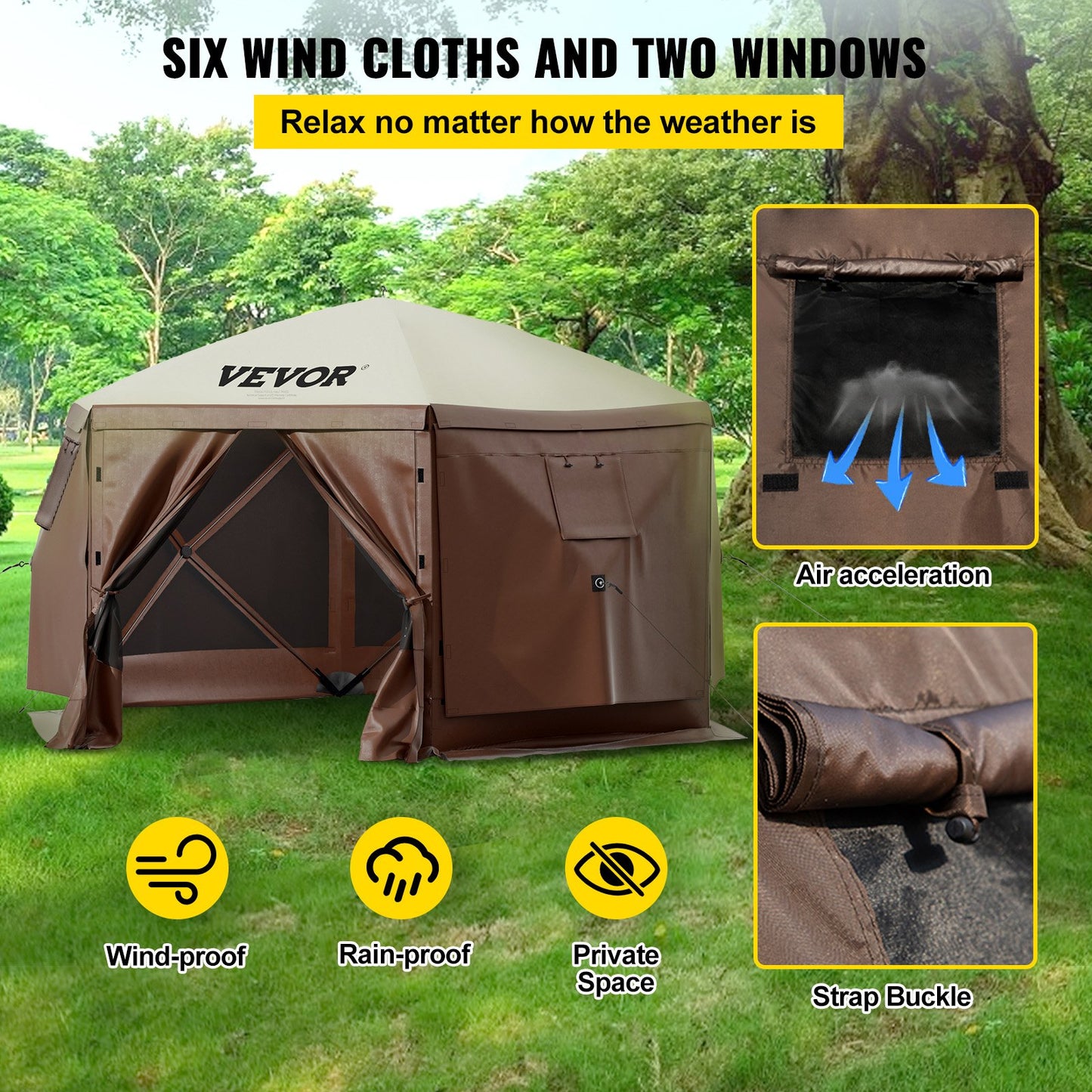 VEVOR Camping Gazebo Tent, 6 Sided Pop-up Canopy Screen Tent For 8 Person Camping, Waterproof Screen Shelter Portable Storage Bag, Ground Stakes, Mesh Windows, Brown & Beige