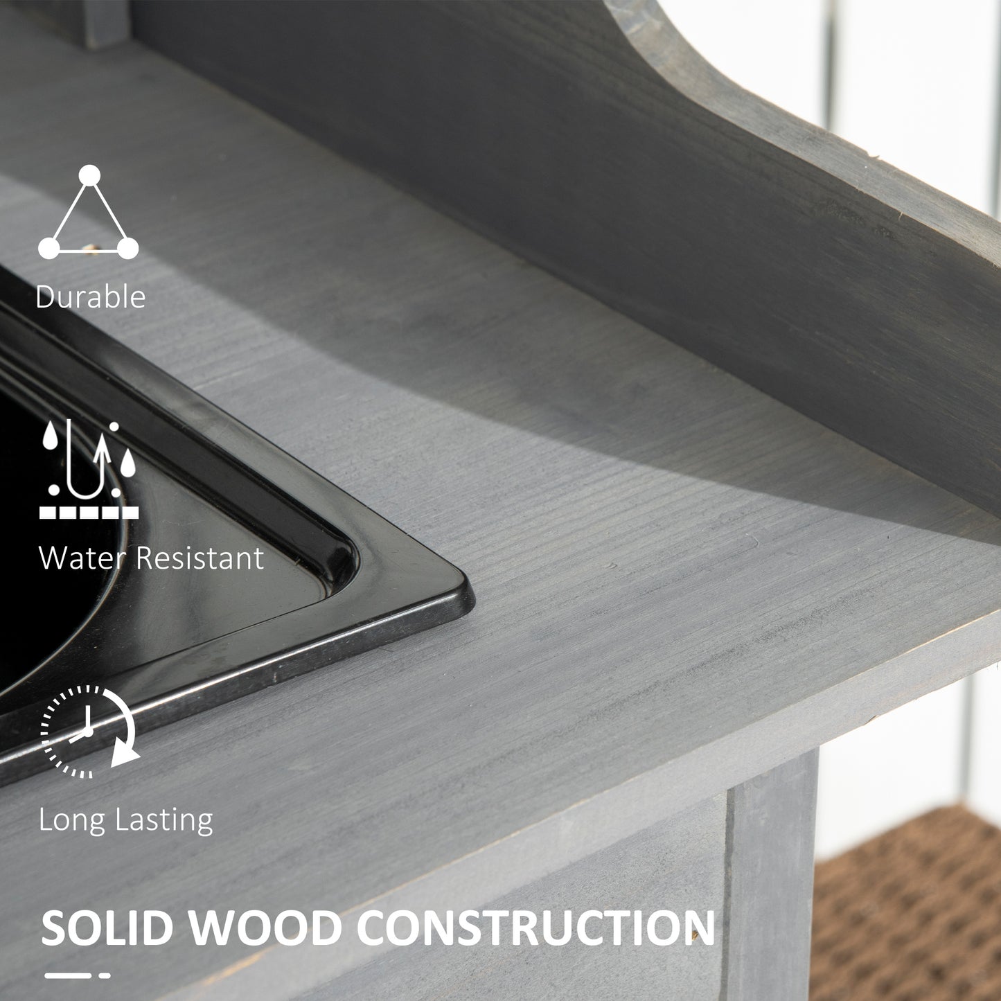 Potting Bench Table with Sink, Outdoor Work Bench Table with Storage Cabinet, Hooks, Removable Sink, Faucet and Drawer for Greenhouse, Garden, Patio, Gray