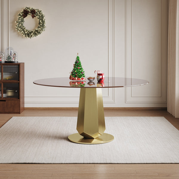 53 Inch Luxury Round Dining Table With Smoked Glass Top  Modern Kitchen Table For 4-8 People  Gold Stainless Steel Base & Easy Assembly  Space Saving Breakfast Table For Apartments
