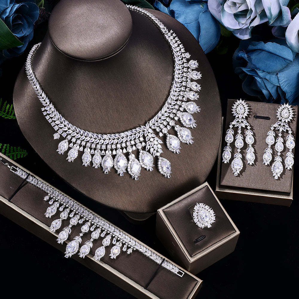 Bridal Set 3A Zircon Necklace Earring Ring Four-piece Set